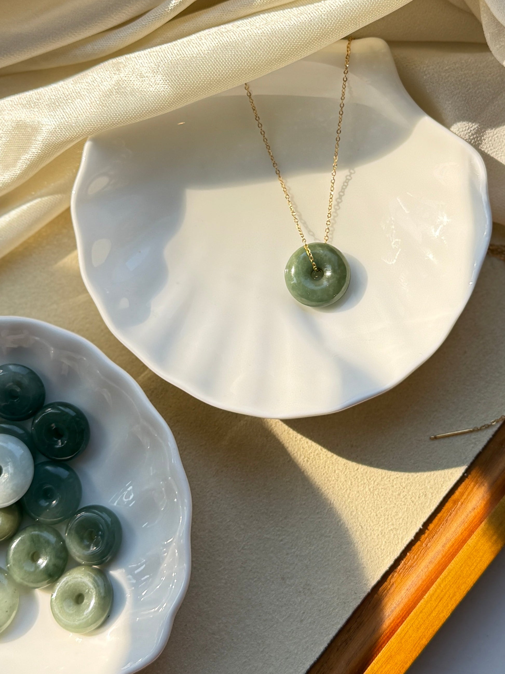 Burmese Jadeite Donut Pendant Necklace with Dainty Gold Filled Chain