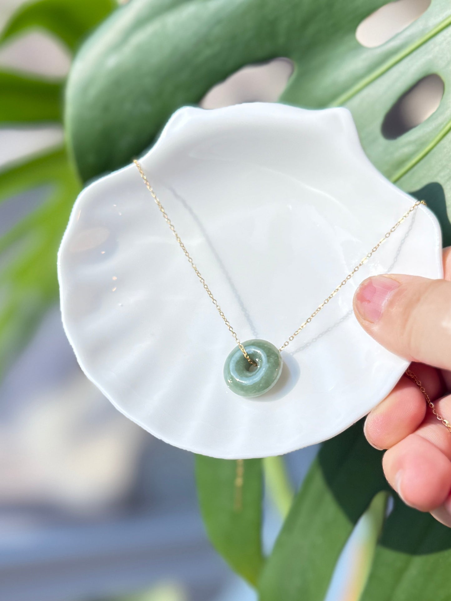 Burmese Jadeite Donut Pendant Necklace with Dainty Gold Filled Chain