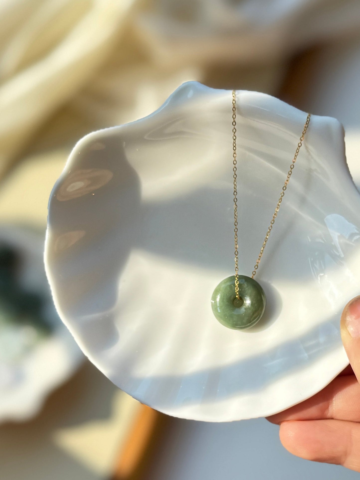 Burmese Jadeite Donut Pendant Necklace with Dainty Gold Filled Chain