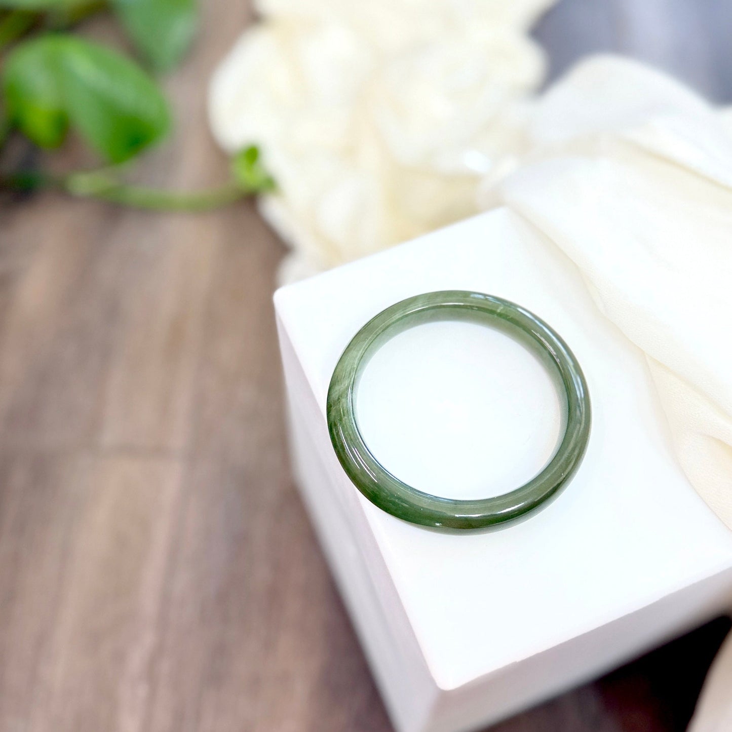 Dark Green Natural Jade Bangle, Authentic Nephrite Bangle