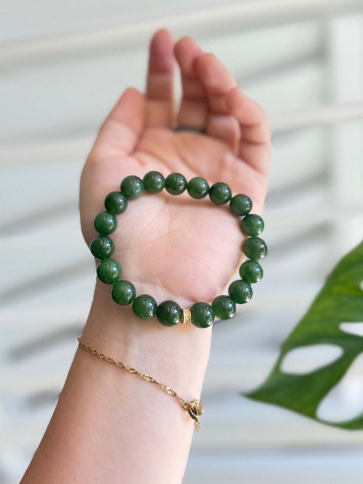 High Quality Green Natural Jade Beaded Bracelet with 18K Gold