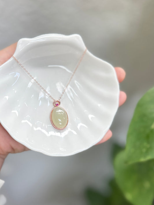 Oval White Green Jade Pendant Necklace with Dainty Chain