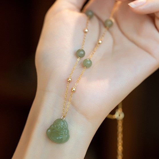 Green Jade Buddha Pendant with Satellite Chain 
