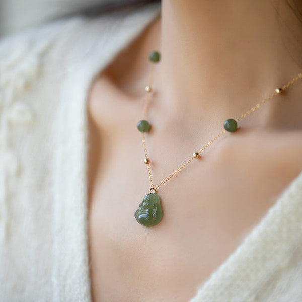 Natural Hetian Jade Buddha Pendant Necklace, 18k Gold Cap with 14K