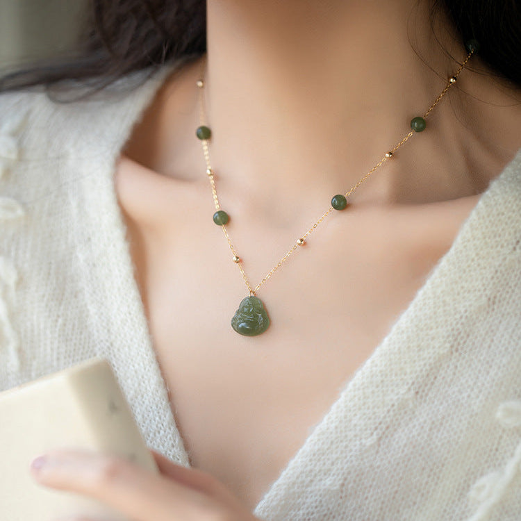 Green Jade Buddha Pendant with Satellite Chain 