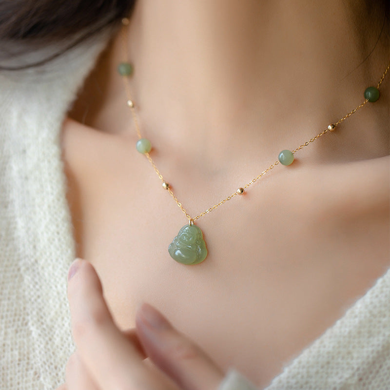 Green Jade Buddha Pendant with Satellite Chain 