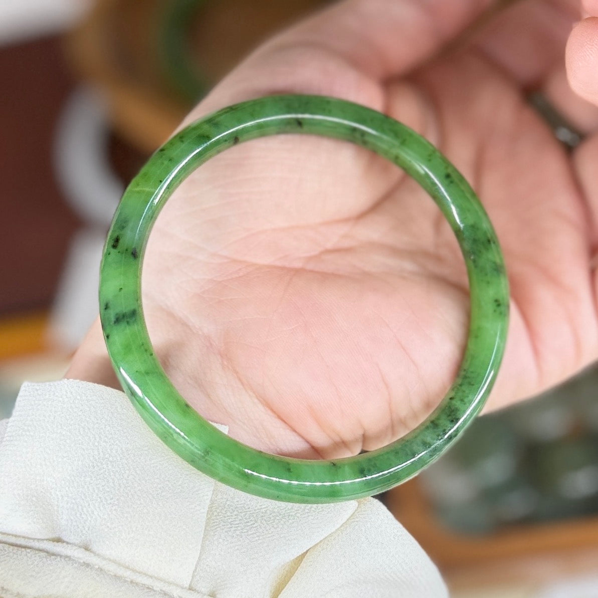 Green Natural Jade Narrow Bangle, Authentic Nephrite Bangle