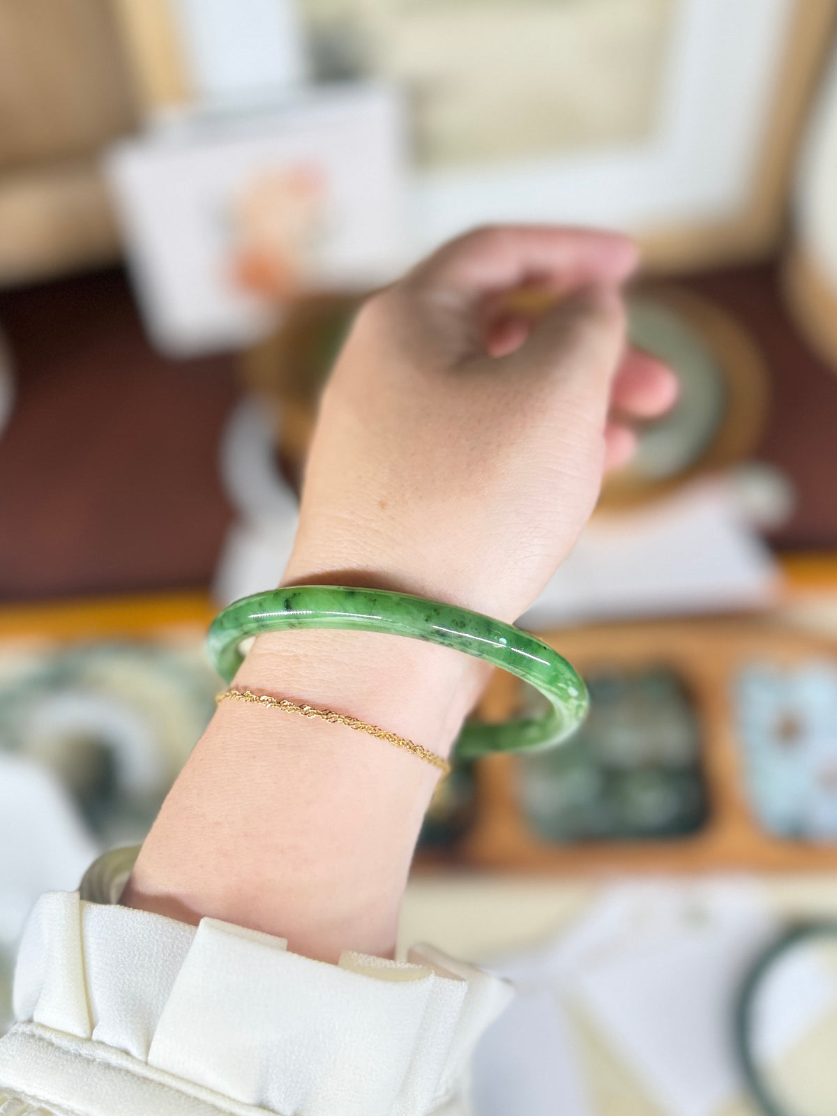 Green Natural Jade Narrow Bangle, Authentic Nephrite Bangle