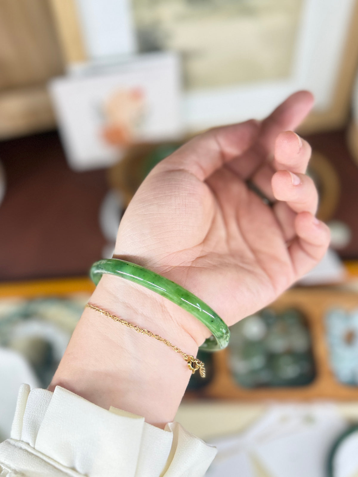 Green Natural Jade Narrow Bangle, Authentic Nephrite Bangle
