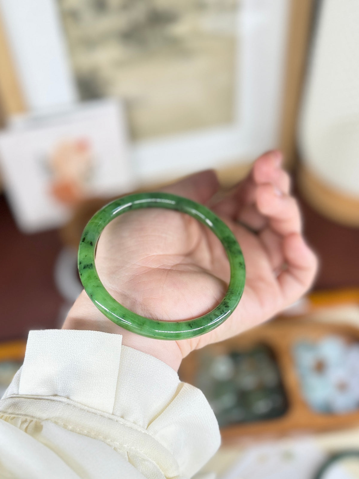 Green Natural Jade Narrow Bangle, Authentic Nephrite Bangle