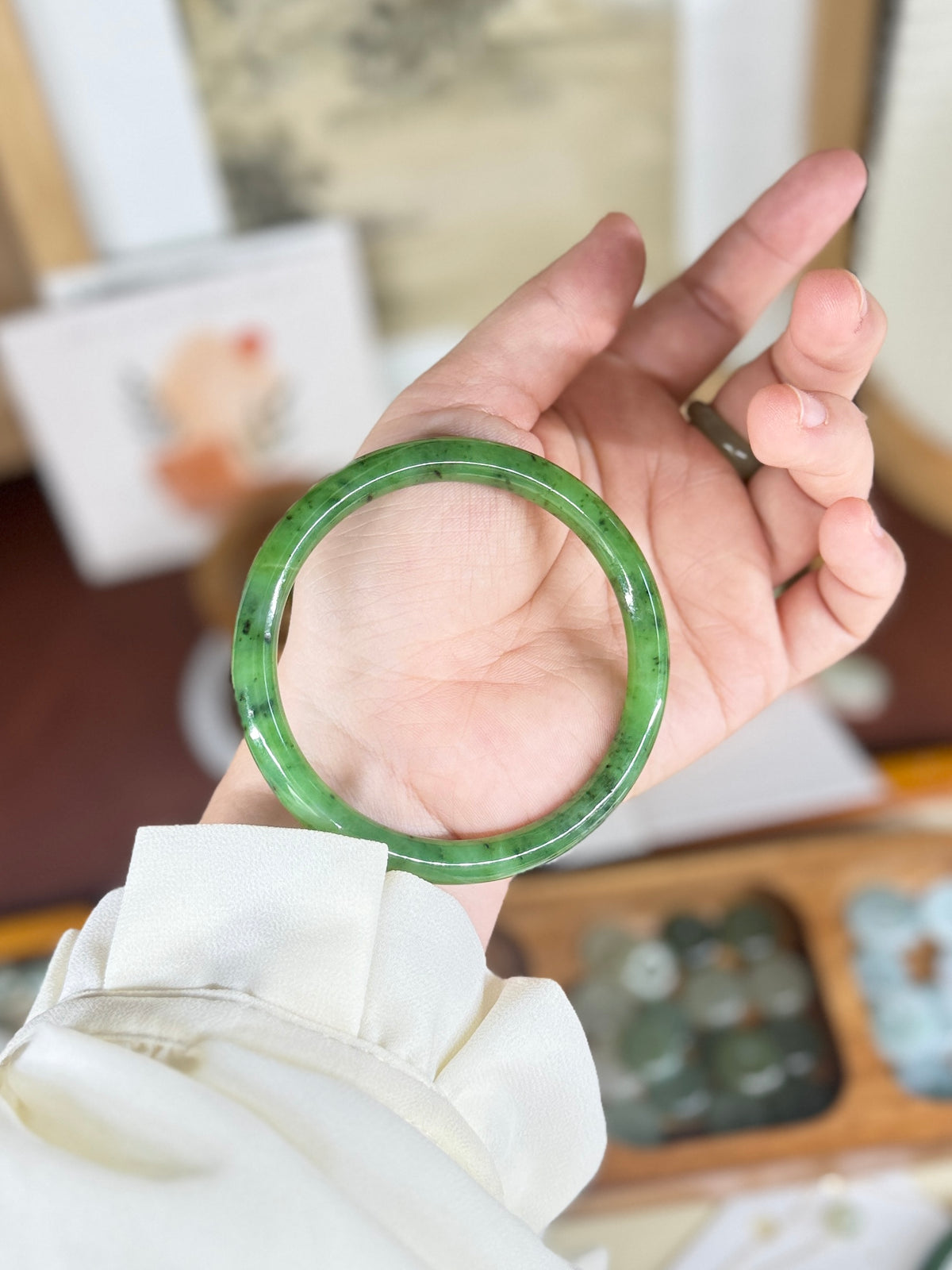 Green Natural Jade Narrow Bangle, Authentic Nephrite Bangle