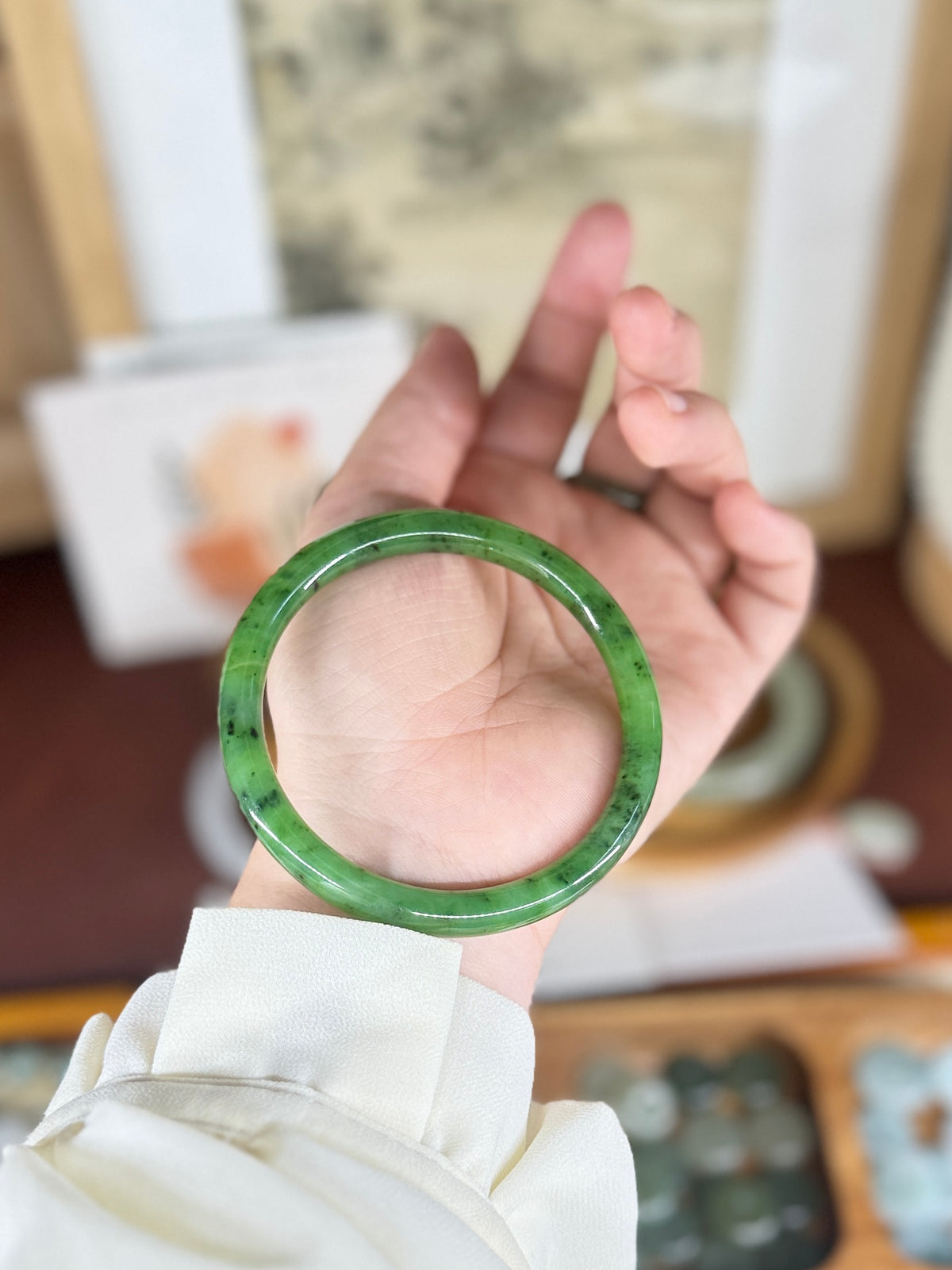 Green Natural Jade Narrow Bangle, Authentic Nephrite Bangle