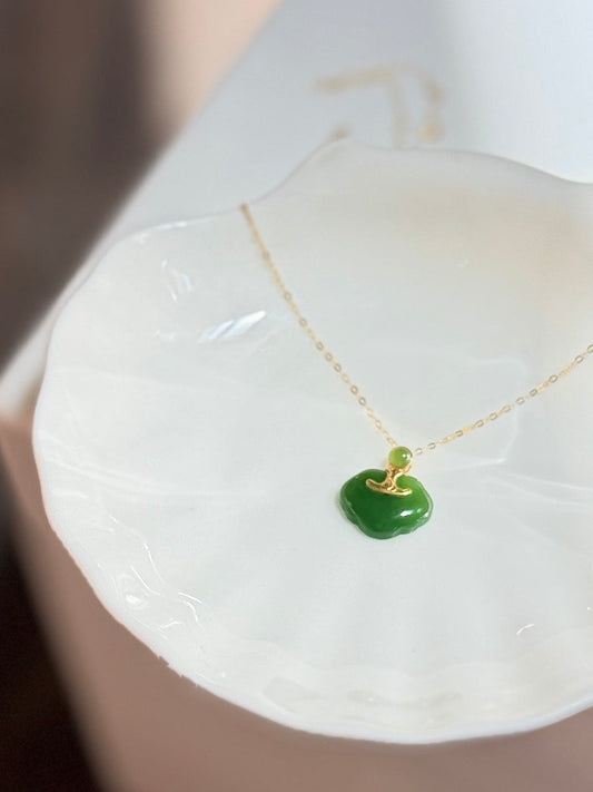 Green Nephrite Jade Lock Pendant with 18K Gold