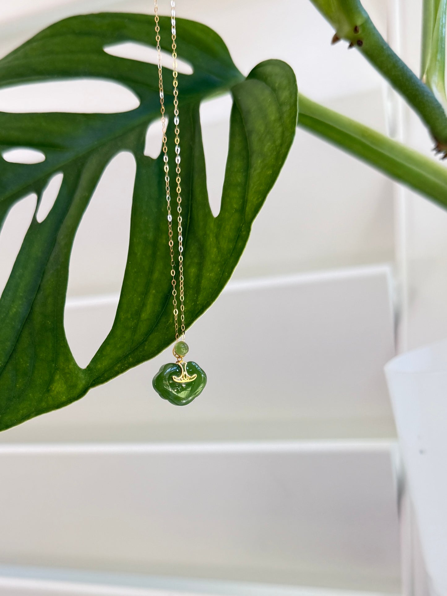 Green Nephrite Jade Lock Pendant with 18K Gold