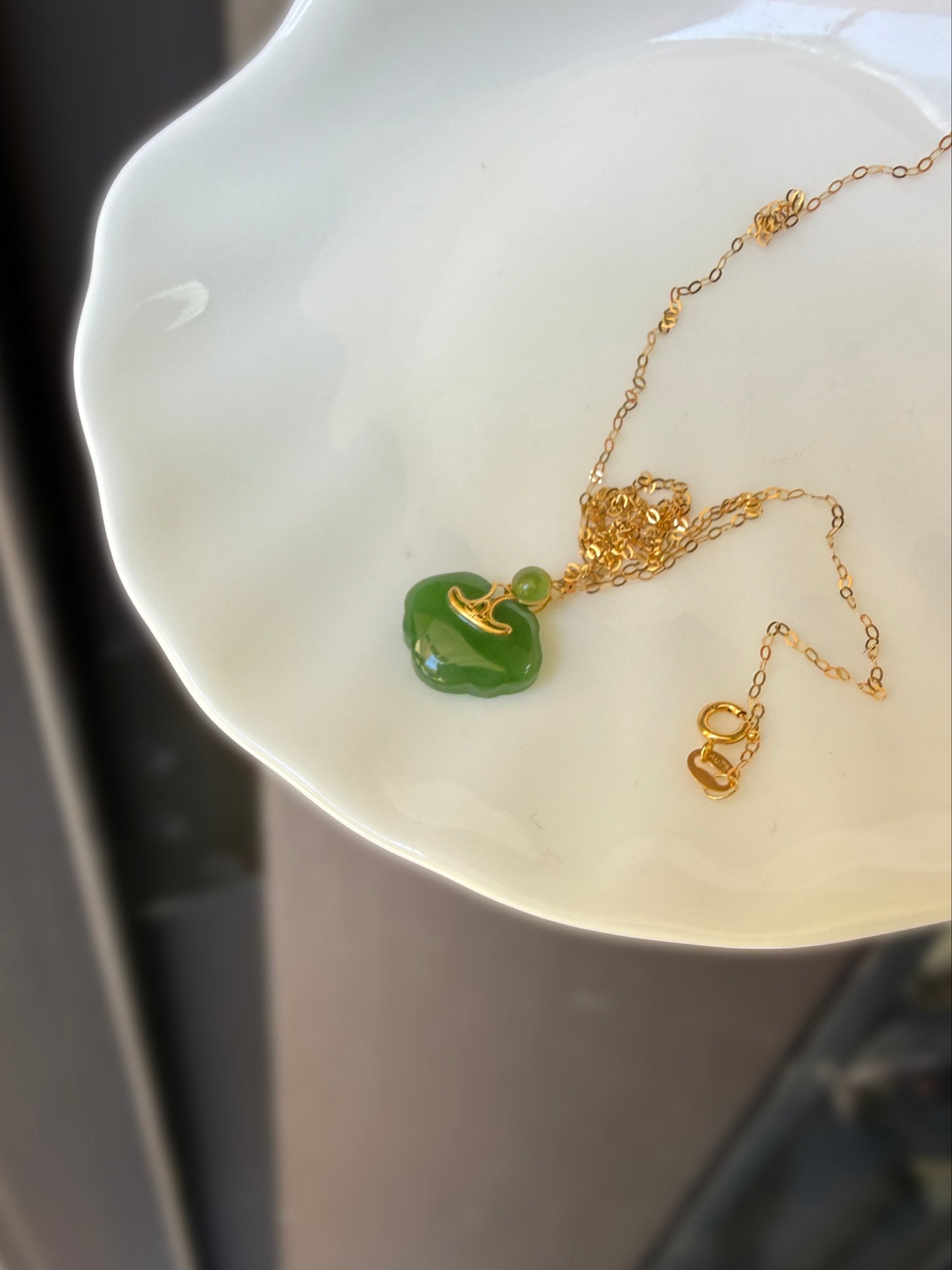 Green Nephrite Jade Lock Pendant with 18K Gold