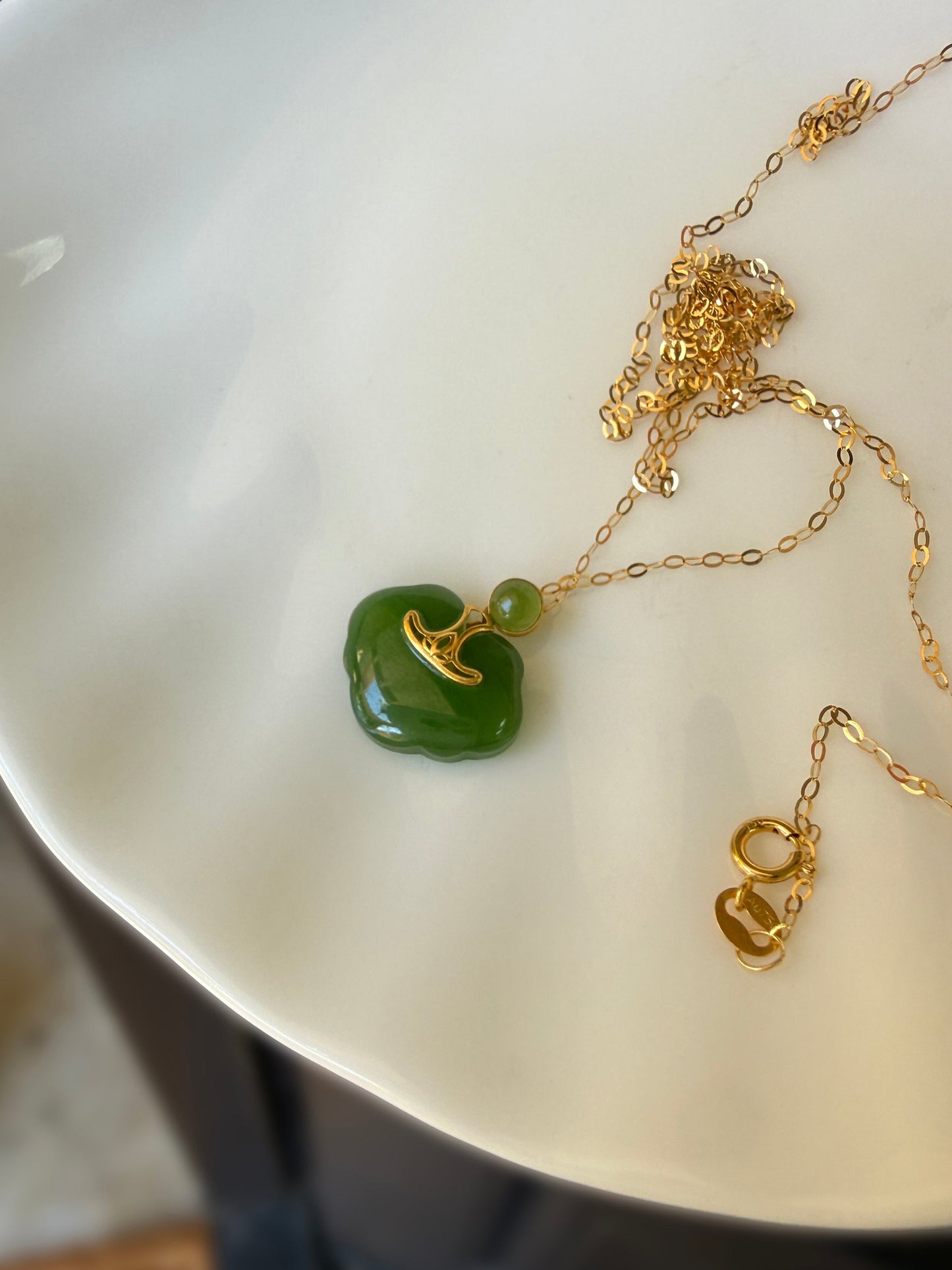 Green Nephrite Jade Lock Pendant with 18K Gold