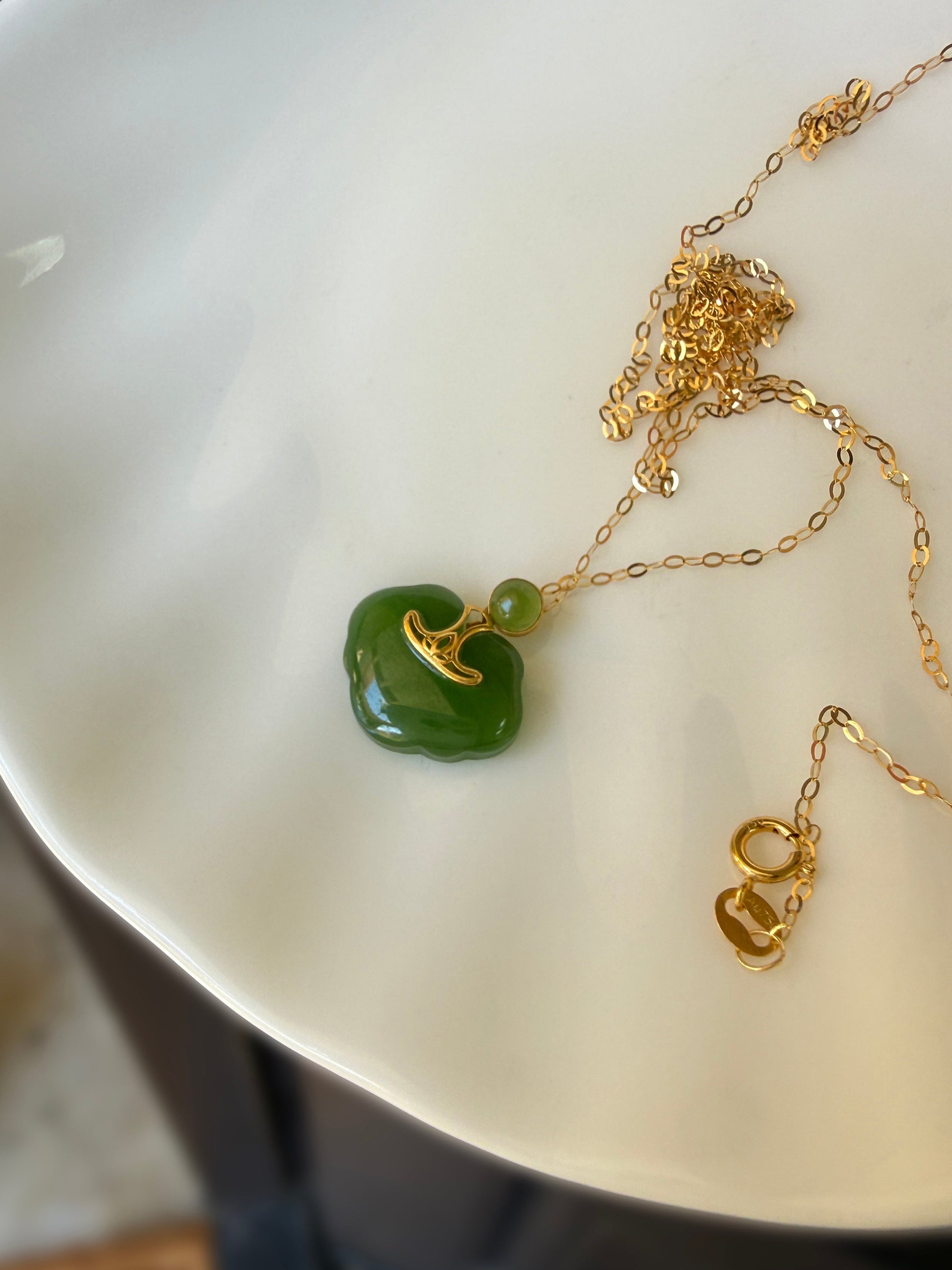 Green Nephrite Jade Lock Pendant with 18K Gold