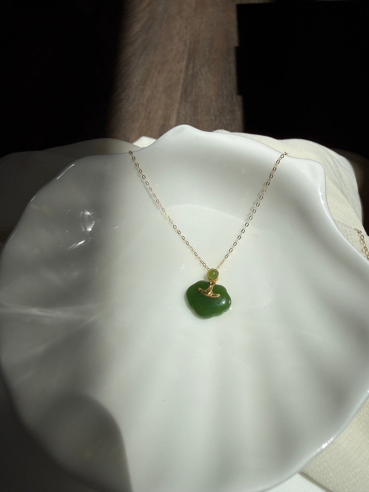 Green Nephrite Jade Lock Pendant with 18K Gold
