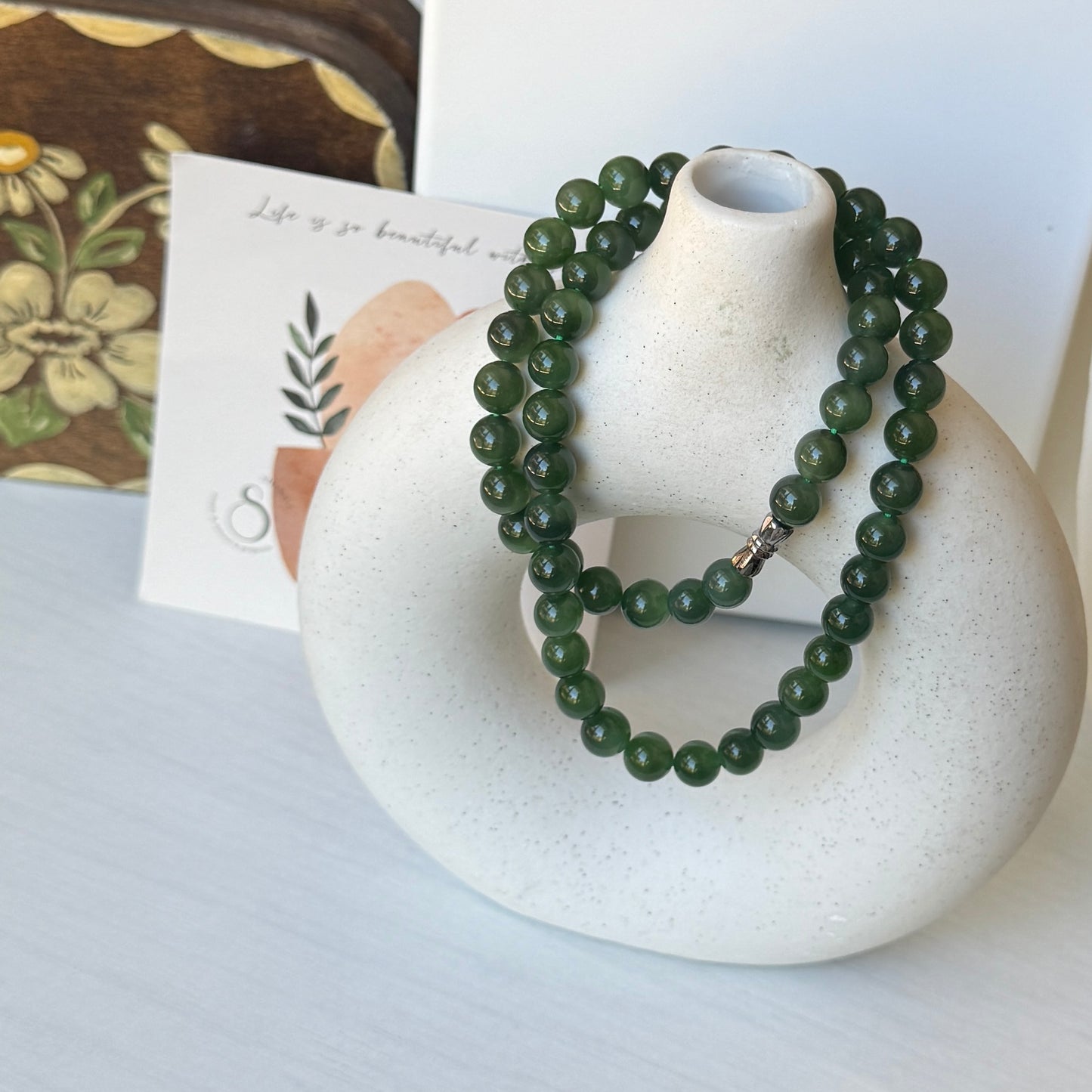 Hetian Jade Beaded Necklace, Natural Green Nephrite Chocker, High Quality Jade (no Black spots)