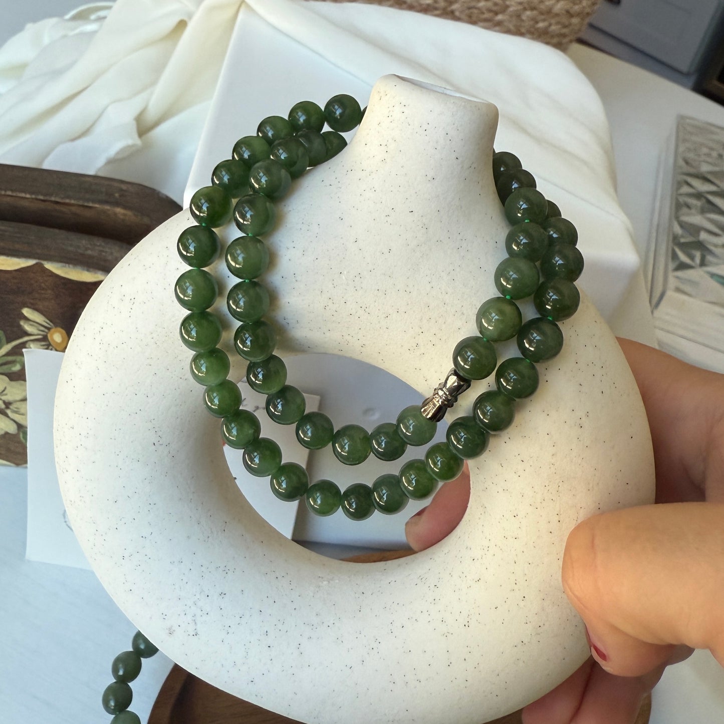 Hetian Jade Beaded Necklace, Natural Green Nephrite Chocker, High Quality Jade (no Black spots)