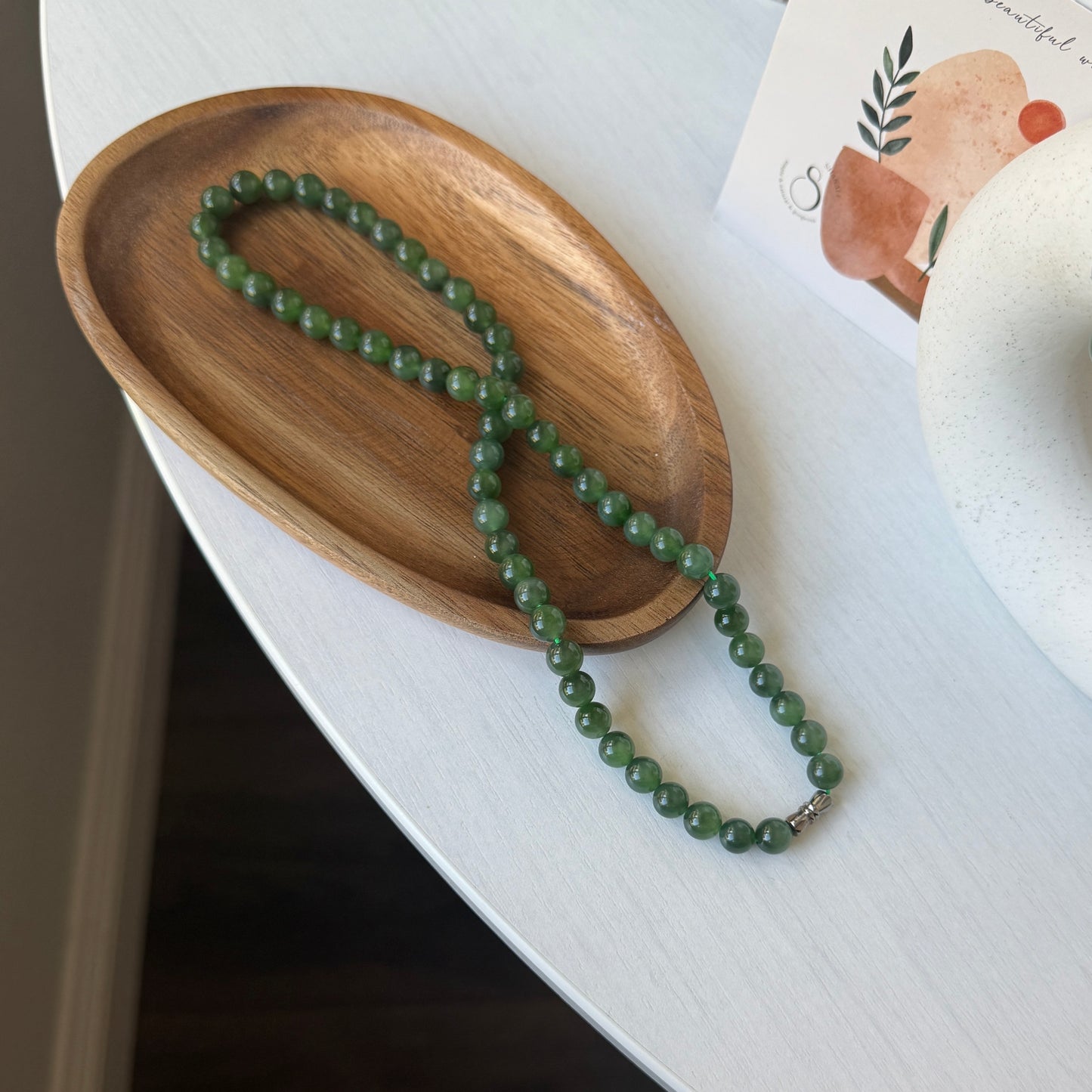 Hetian Jade Beaded Necklace, Natural Green Nephrite Chocker, High Quality Jade (no Black spots)