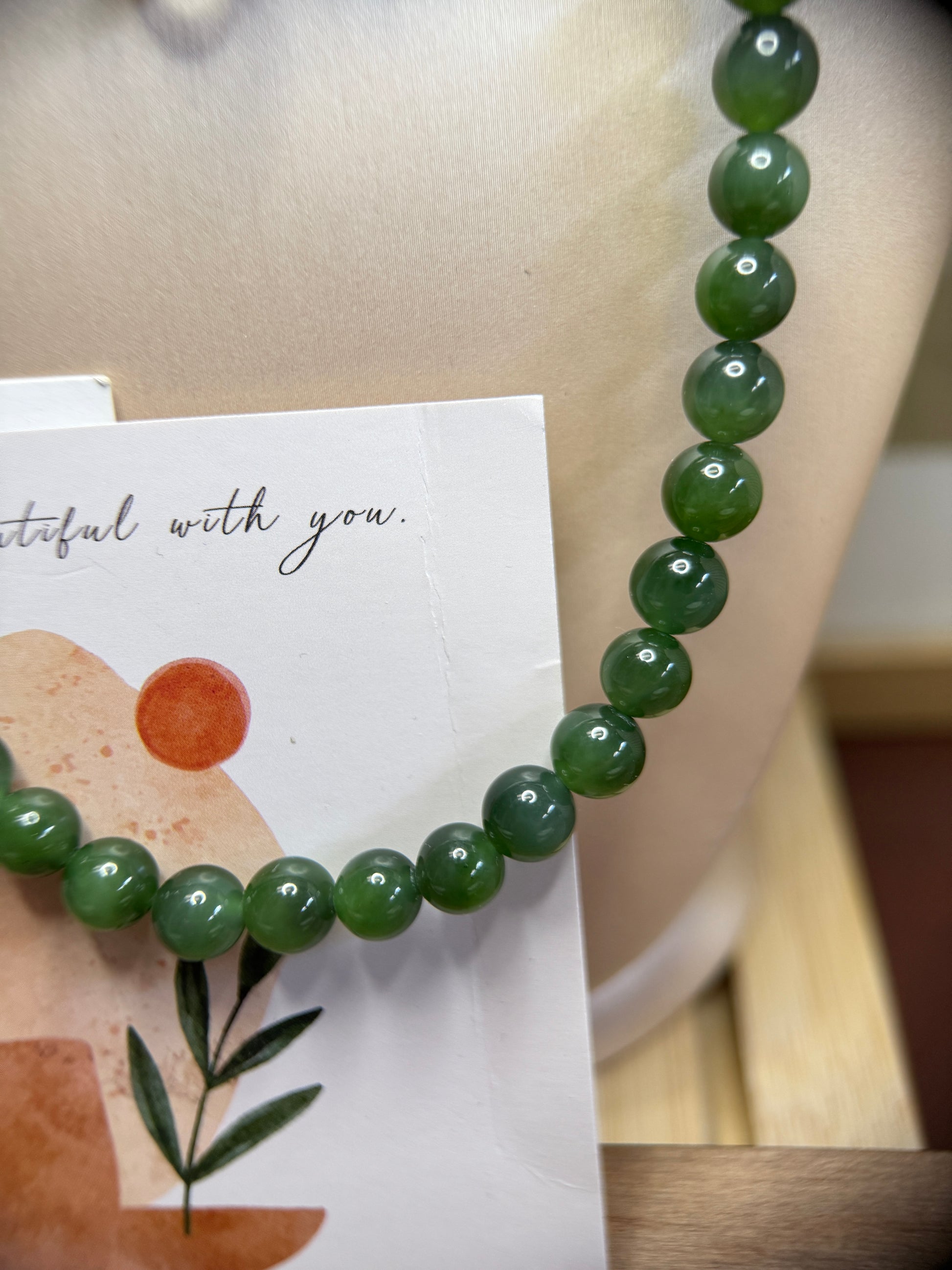 Hetian Jade Beaded Necklace, Natural Green Nephrite Chocker 07