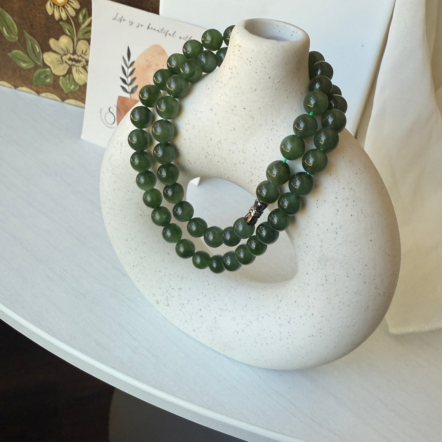 Hetian Jade Beaded Necklace, Natural Green Nephrite Chocker, High Quality Jade (no Black spots)
