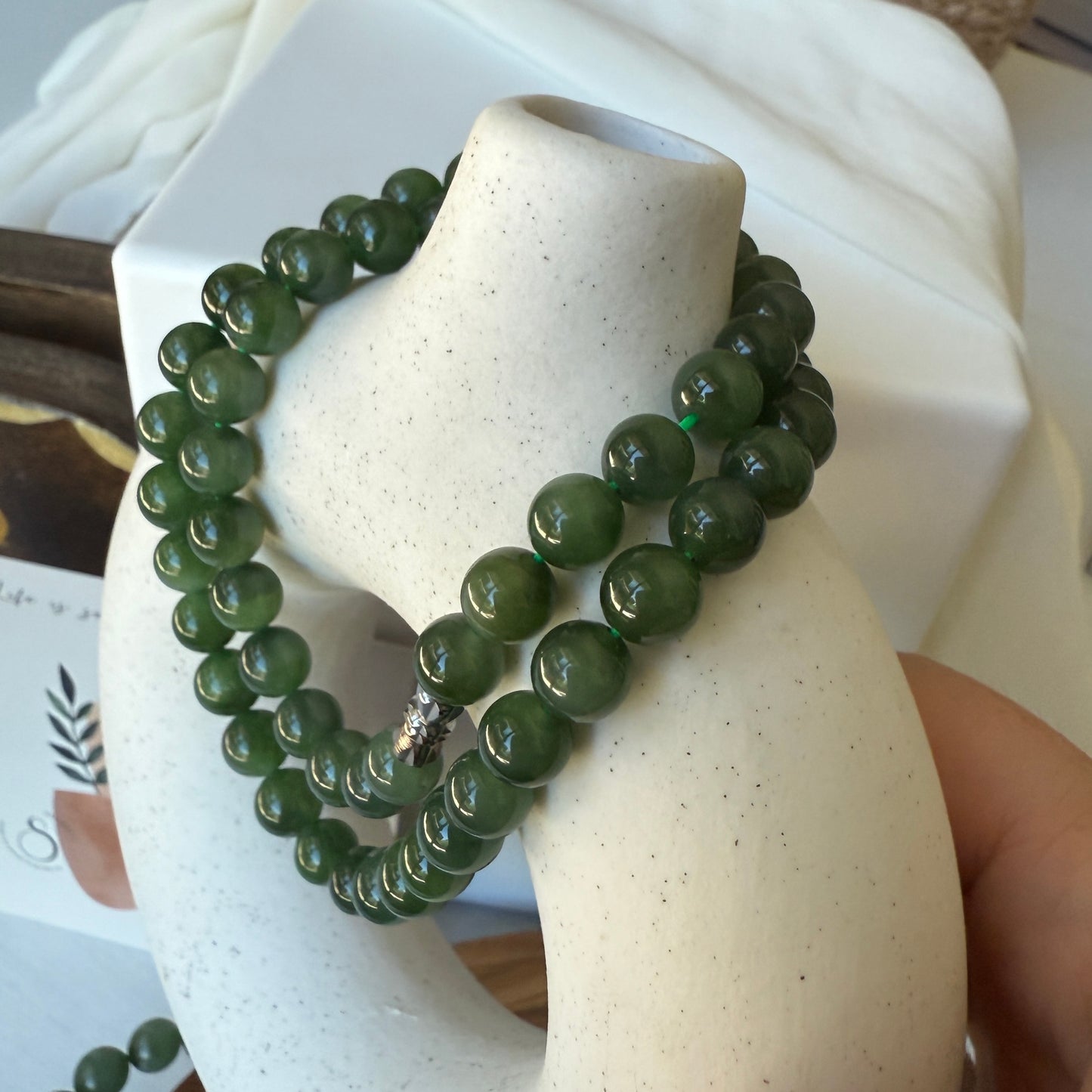 Hetian Jade Beaded Necklace, Natural Green Nephrite Chocker, High Quality Jade (no Black spots)