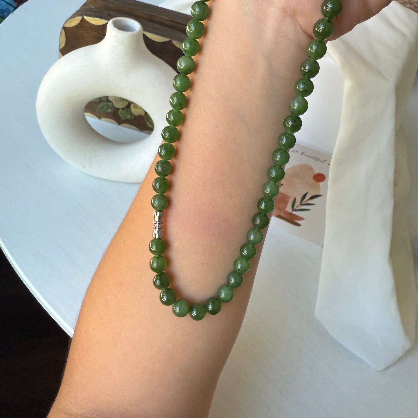 Hetian Jade Beaded Necklace, Natural Green Nephrite Chocker