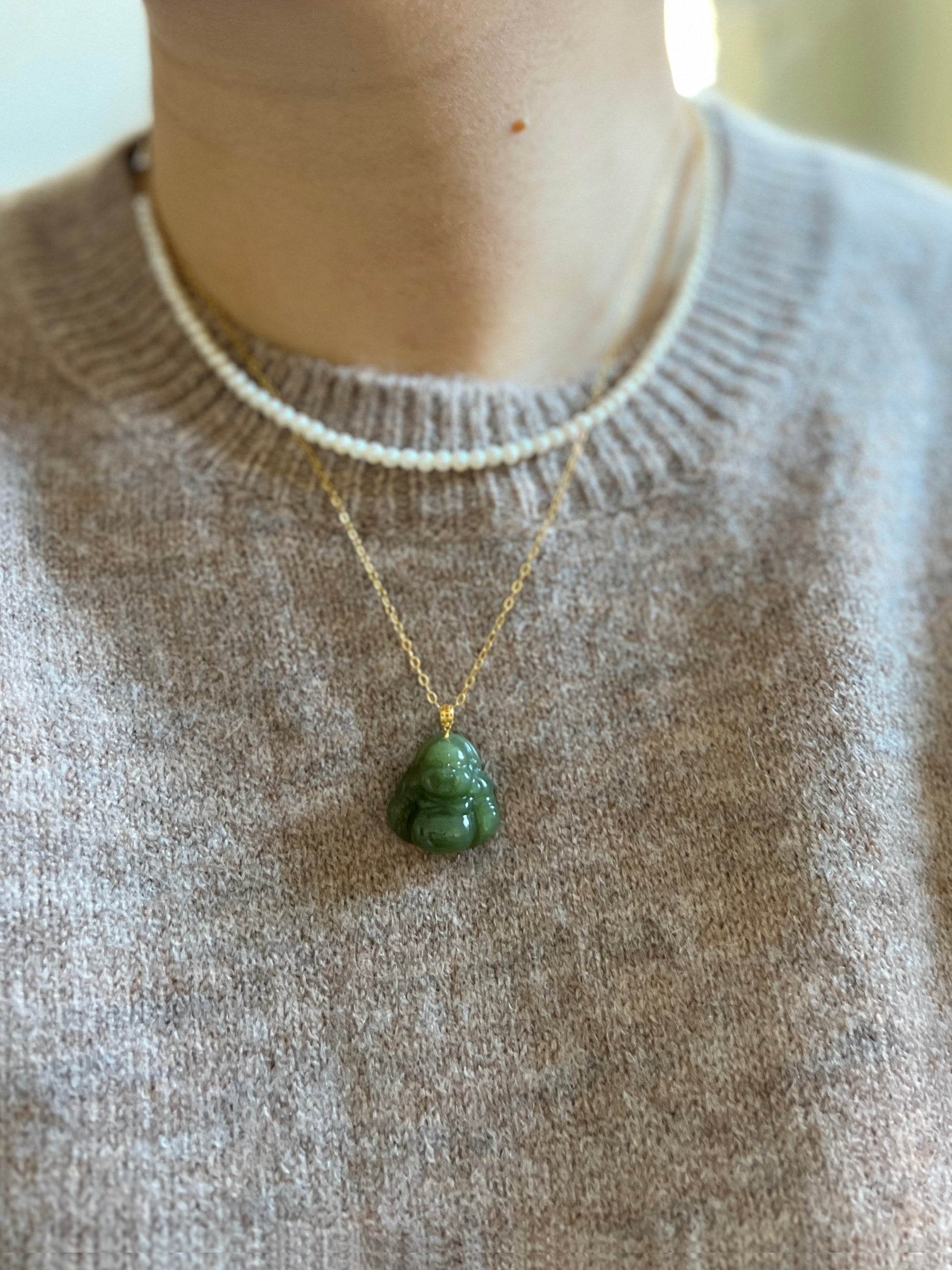 Hetian Jade Buddha Pendant, 18k Gold Cap Jade Pendant Necklace, Natural Jade Necklace, Dainty 14K Gold Filled Chain, Buddhist Jewelry