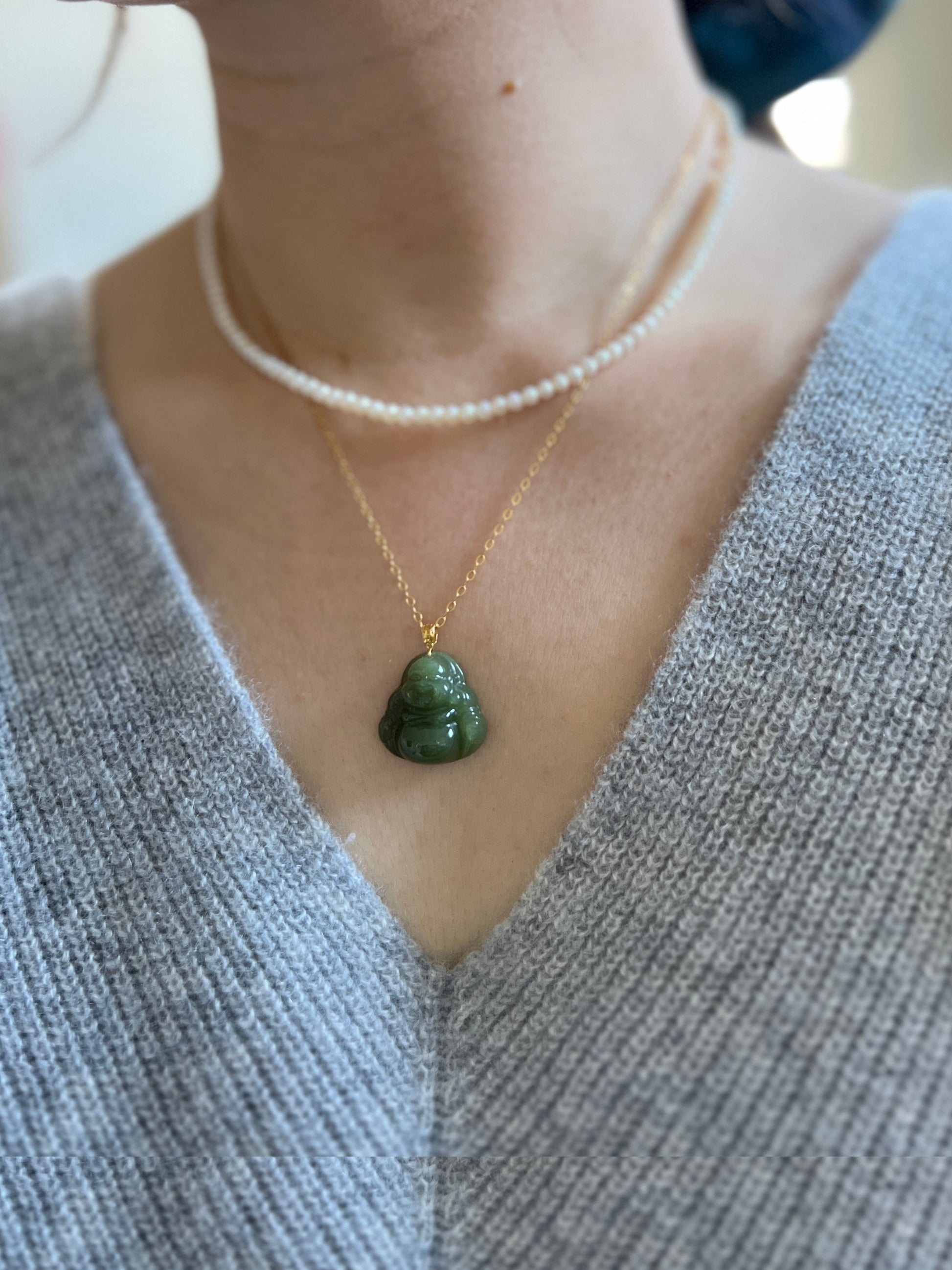 Hetian Jade Buddha Pendant, 18k Gold Cap Jade Pendant Necklace, Natural Jade Necklace, Dainty 14K Gold Filled Chain, Buddhist Jewelry