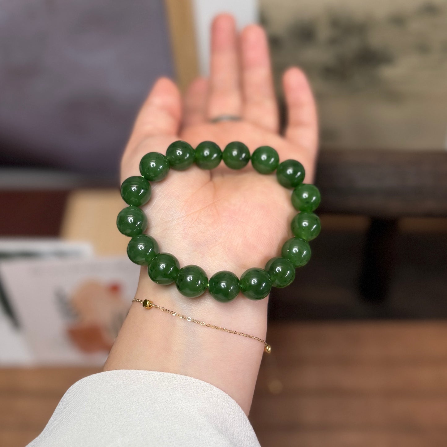 HighQualityGreenNaturalJadeBeadedBraceletwith18KGold5