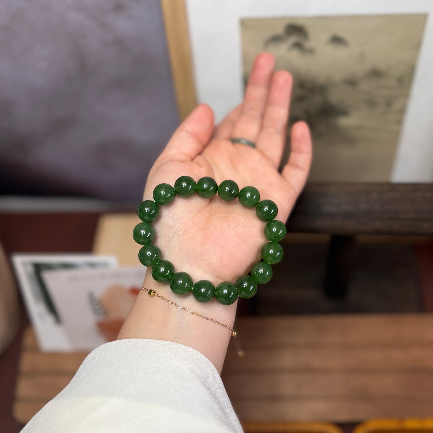 HighQualityGreenNaturalJadeBeadedBraceletwith18KGold5