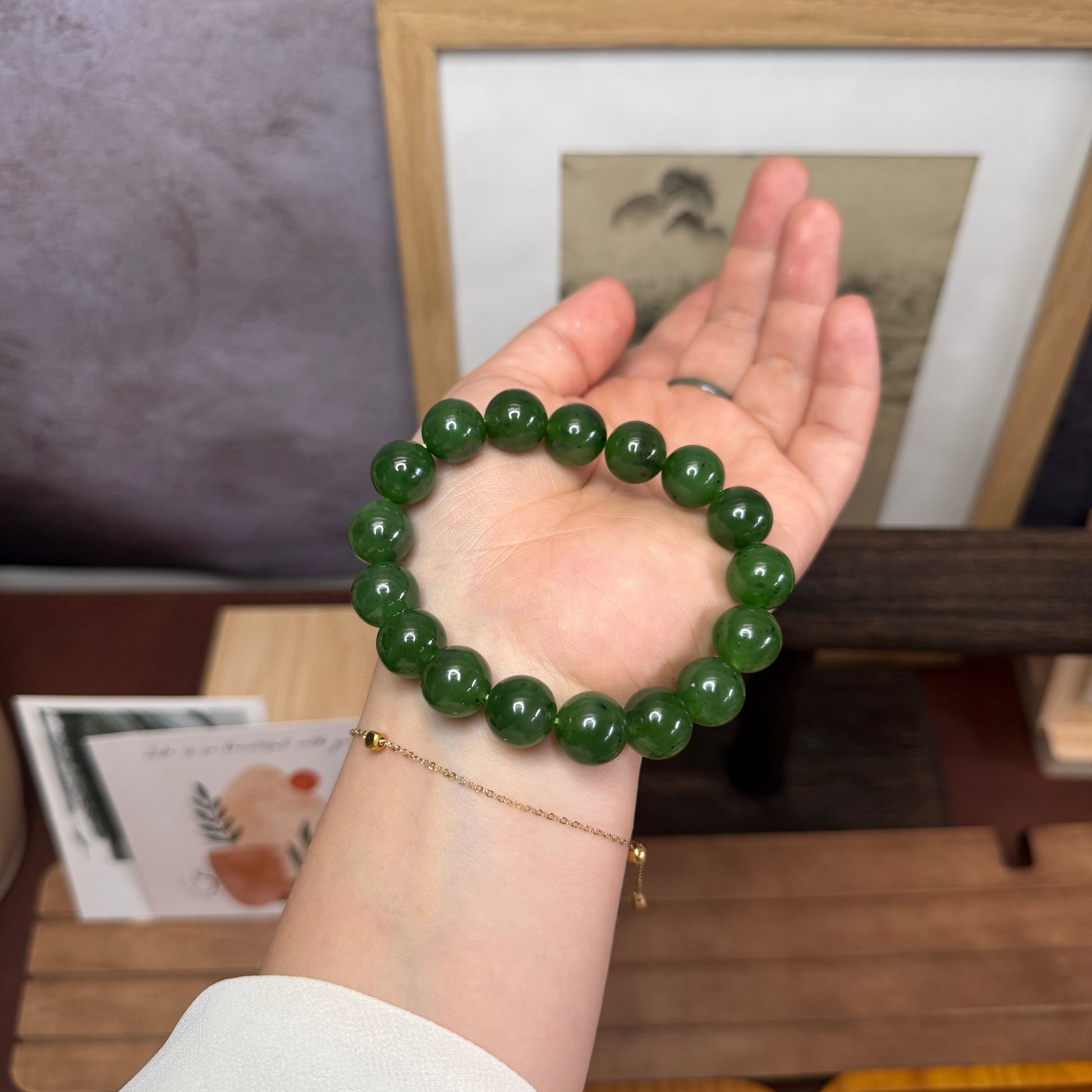 HighQualityGreenNaturalJadeBeadedBraceletwith18KGold5