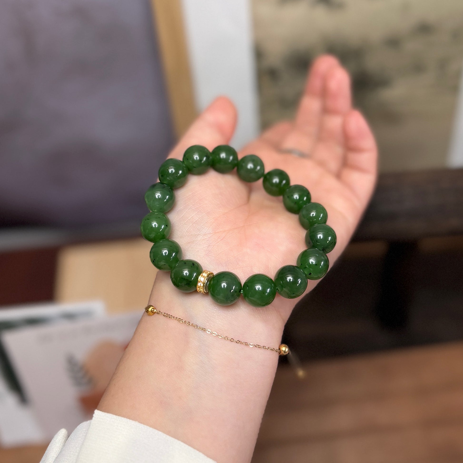 HighQualityGreenNaturalJadeBeadedBraceletwith18KGold5