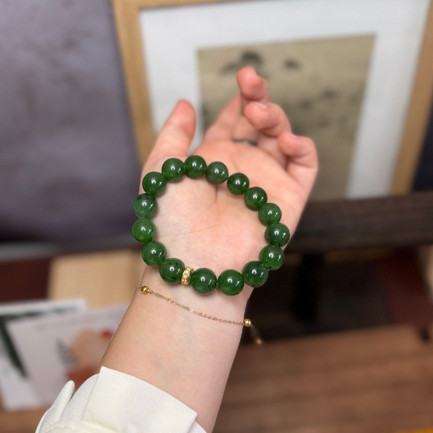 HighQualityGreenNaturalJadeBeadedBraceletwith18KGold5