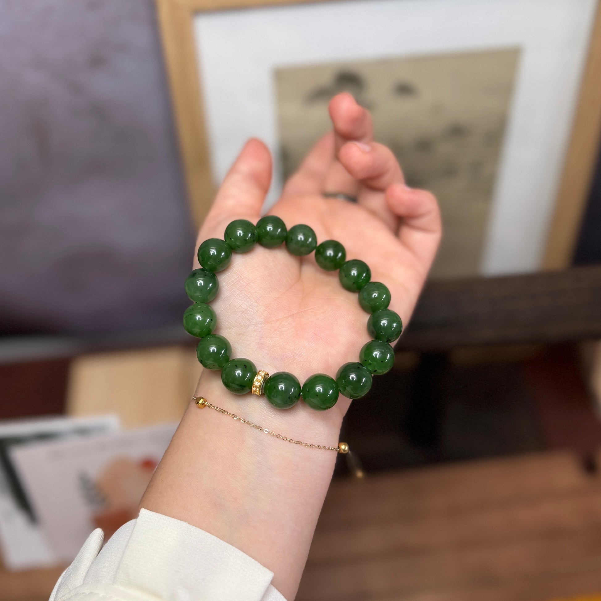 HighQualityGreenNaturalJadeBeadedBraceletwith18KGold5