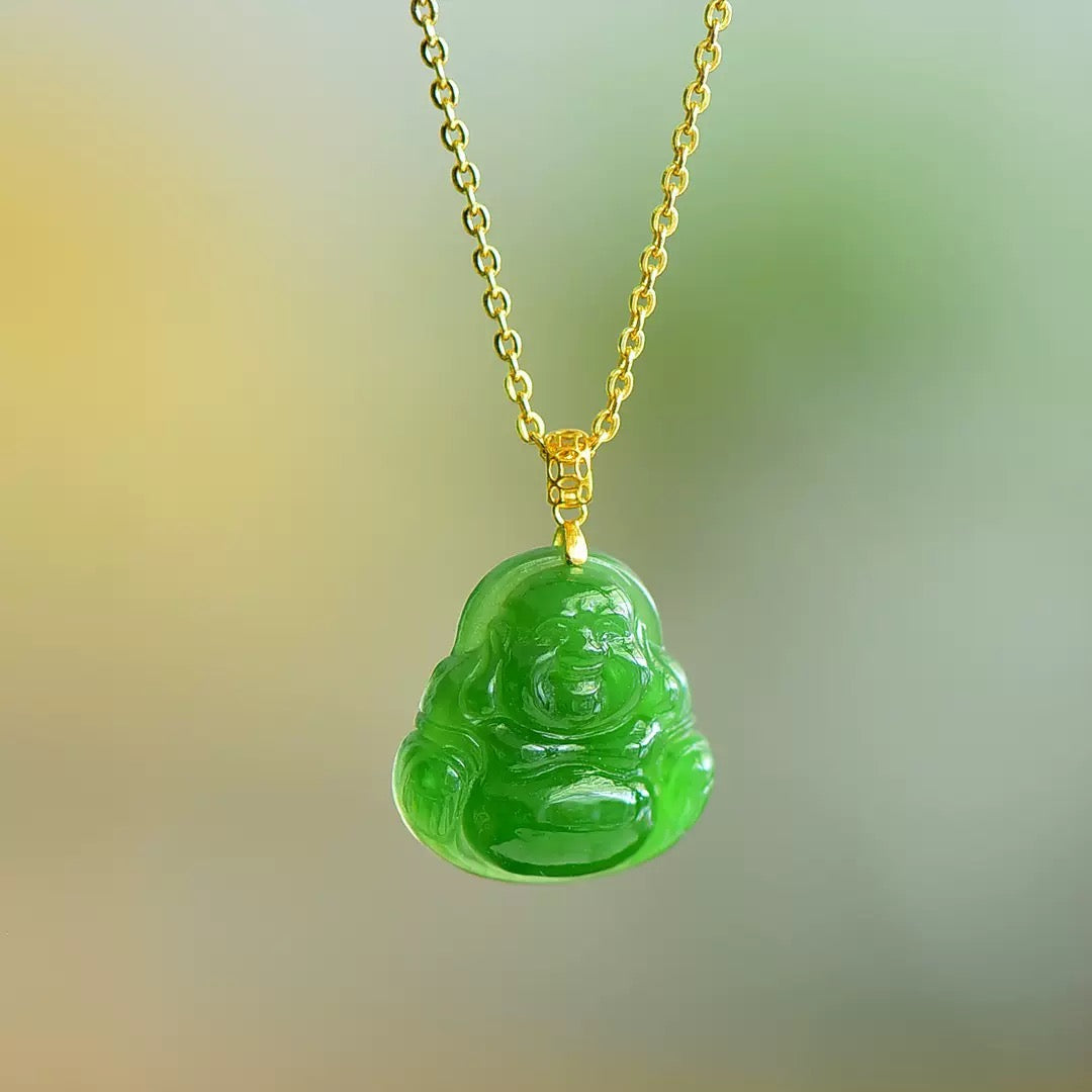 18K Gold Green Jade Buddha Pendant