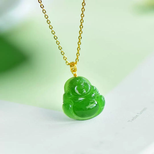 18K Gold Green Jade Buddha Pendant
