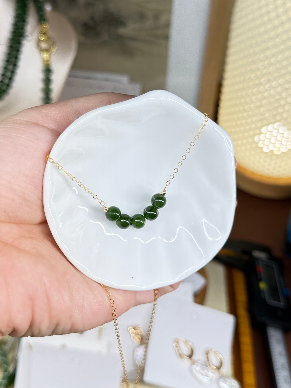 Dainty Hetian Jade Beads Bar Necklace, Natural Green Nephrite Smile Necklace