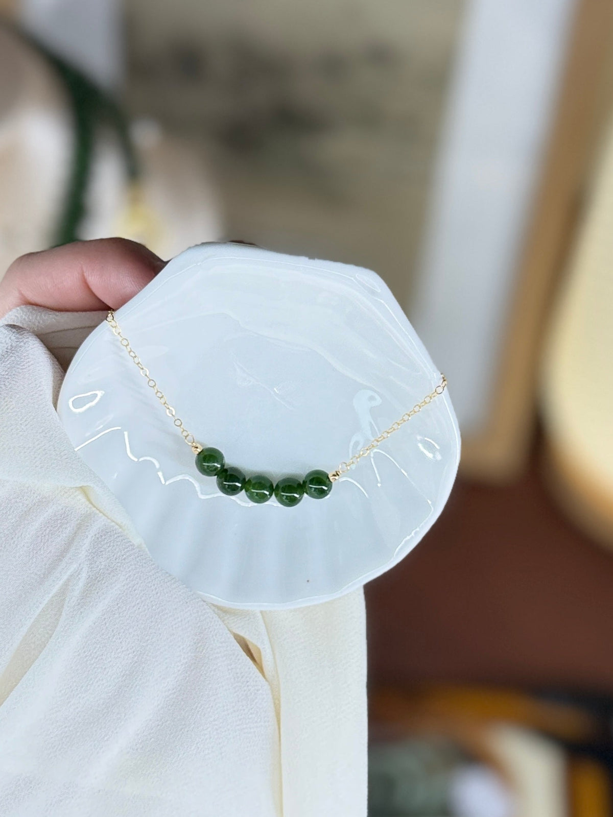 Dainty Hetian Jade Beads Bar Necklace, Natural Green Nephrite Smile Necklace