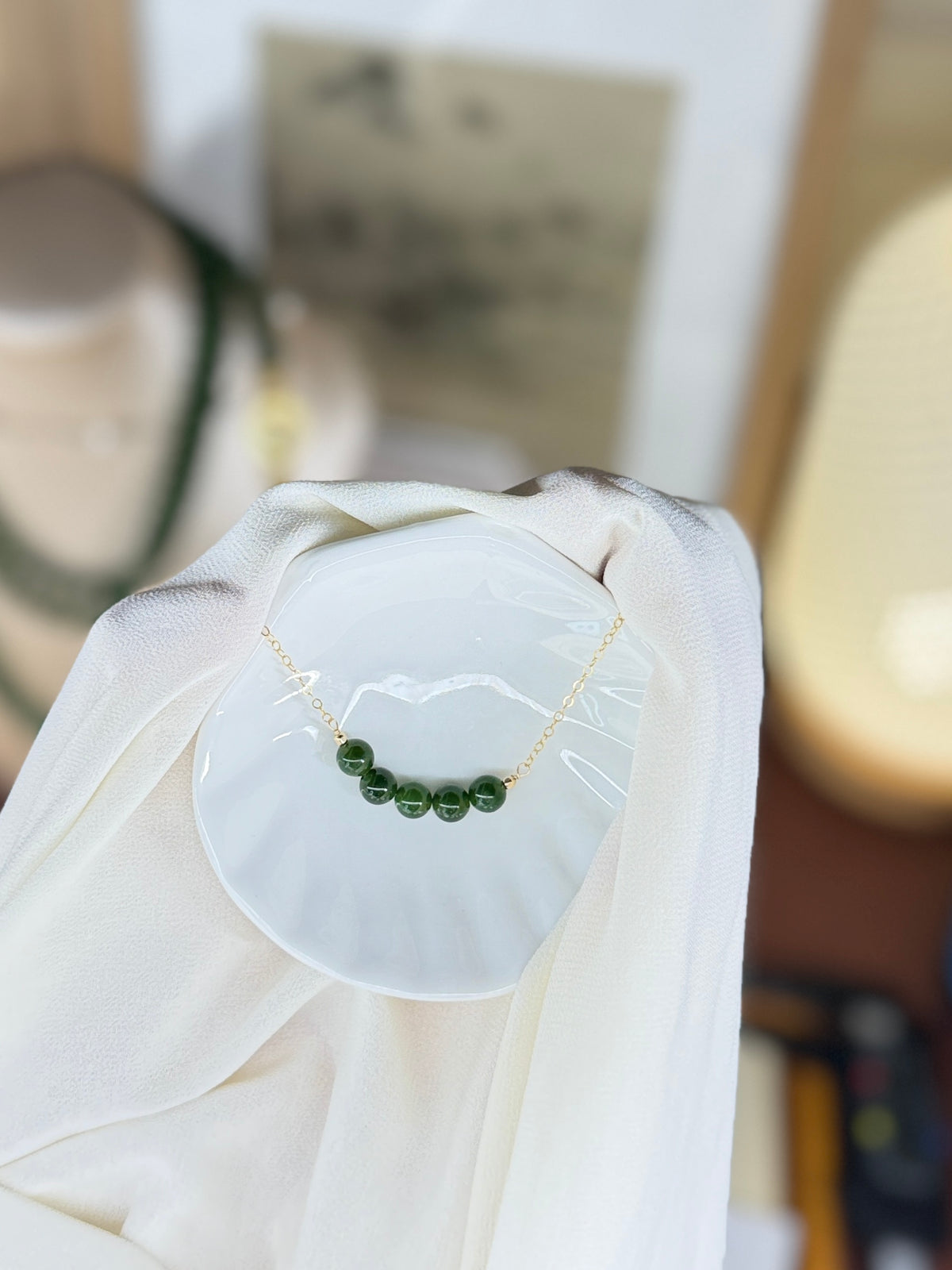 Dainty Hetian Jade Beads Bar Necklace, Natural Green Nephrite Smile Necklace