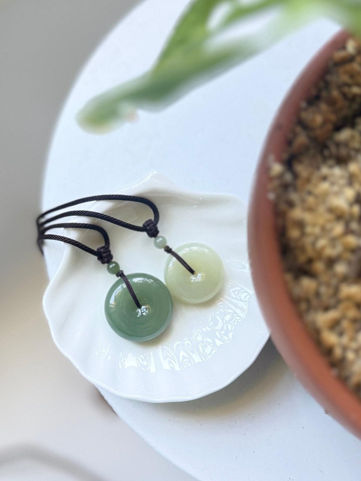 Natural Green Jade Donut Pendant with Adjustable Braided Cord Necklace