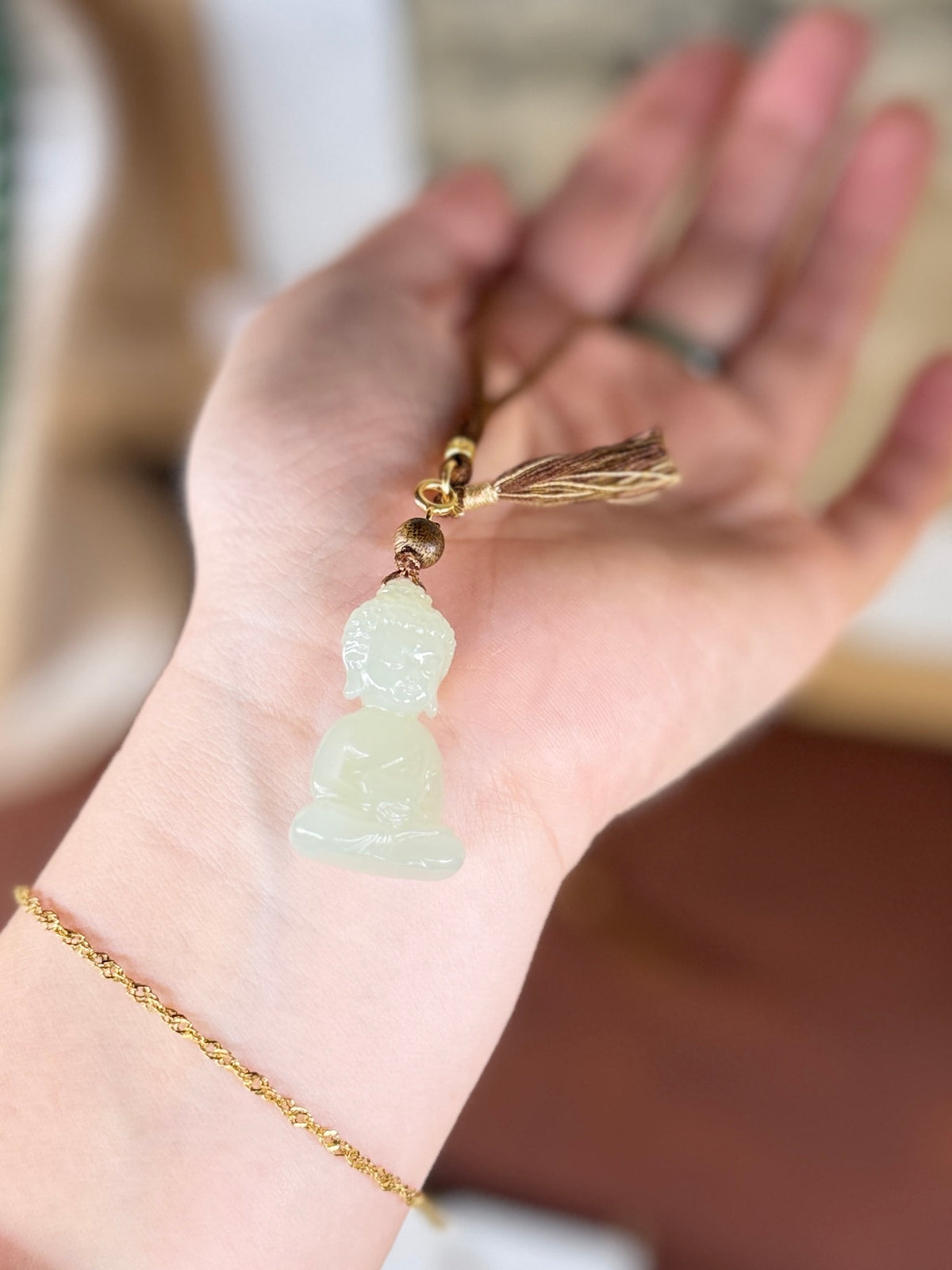 Light Green Jade Buddha Pendant Wood Bead