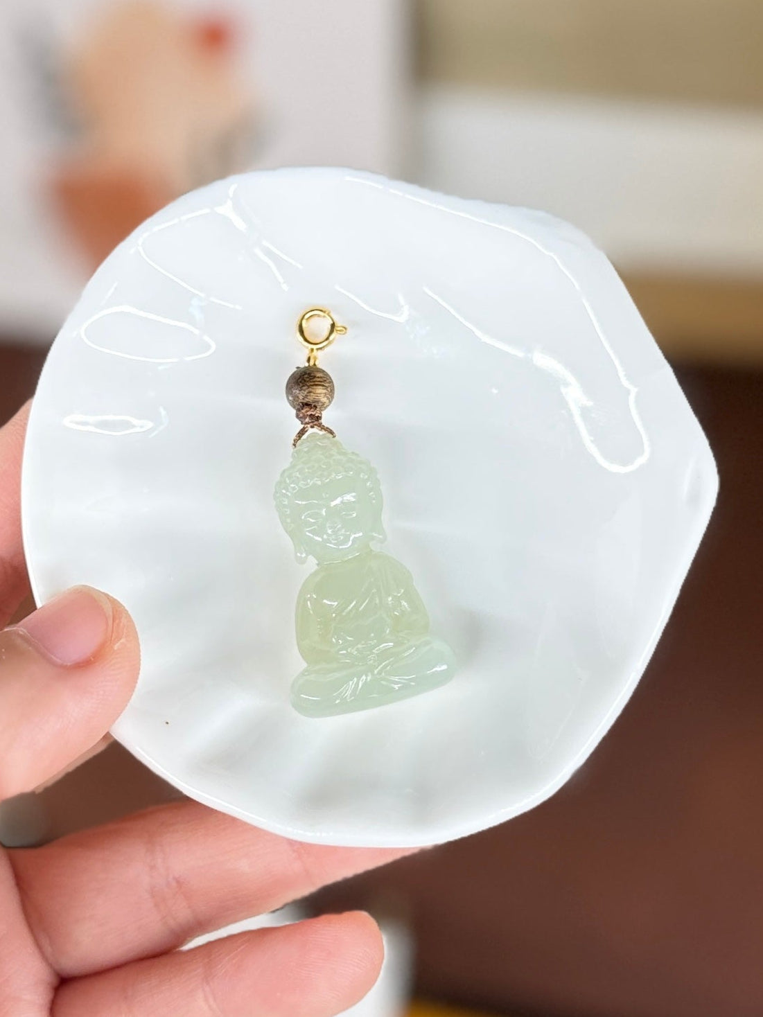 LIght Green Jade Buddha Pendant Wood Bead