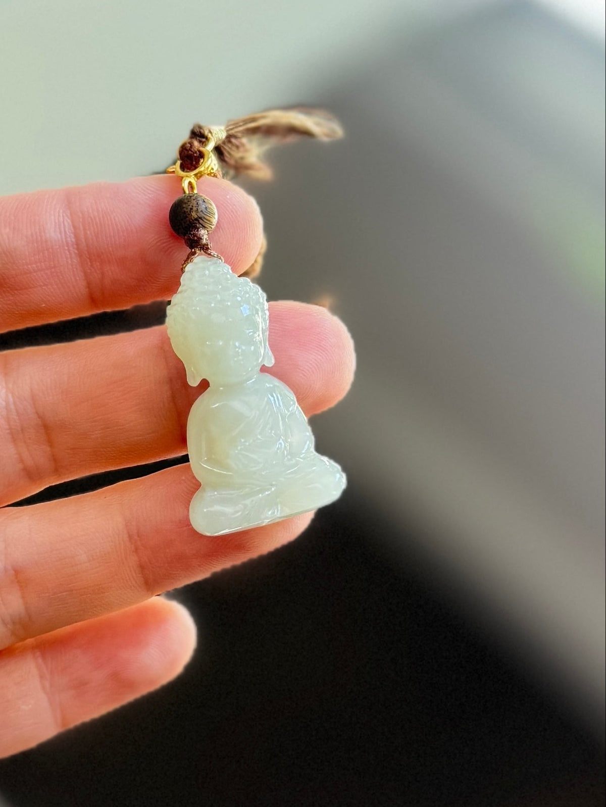 LIght Green Jade Buddha Pendant Wood Bead