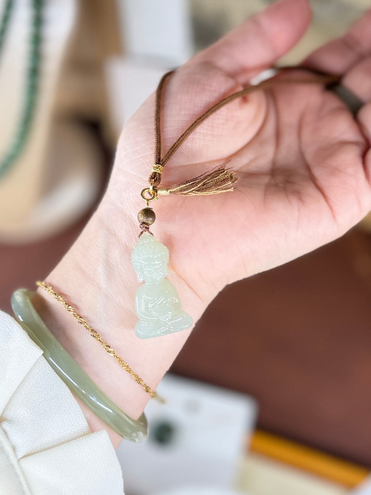 Light Green Jade Buddha Pendant Wood Bead