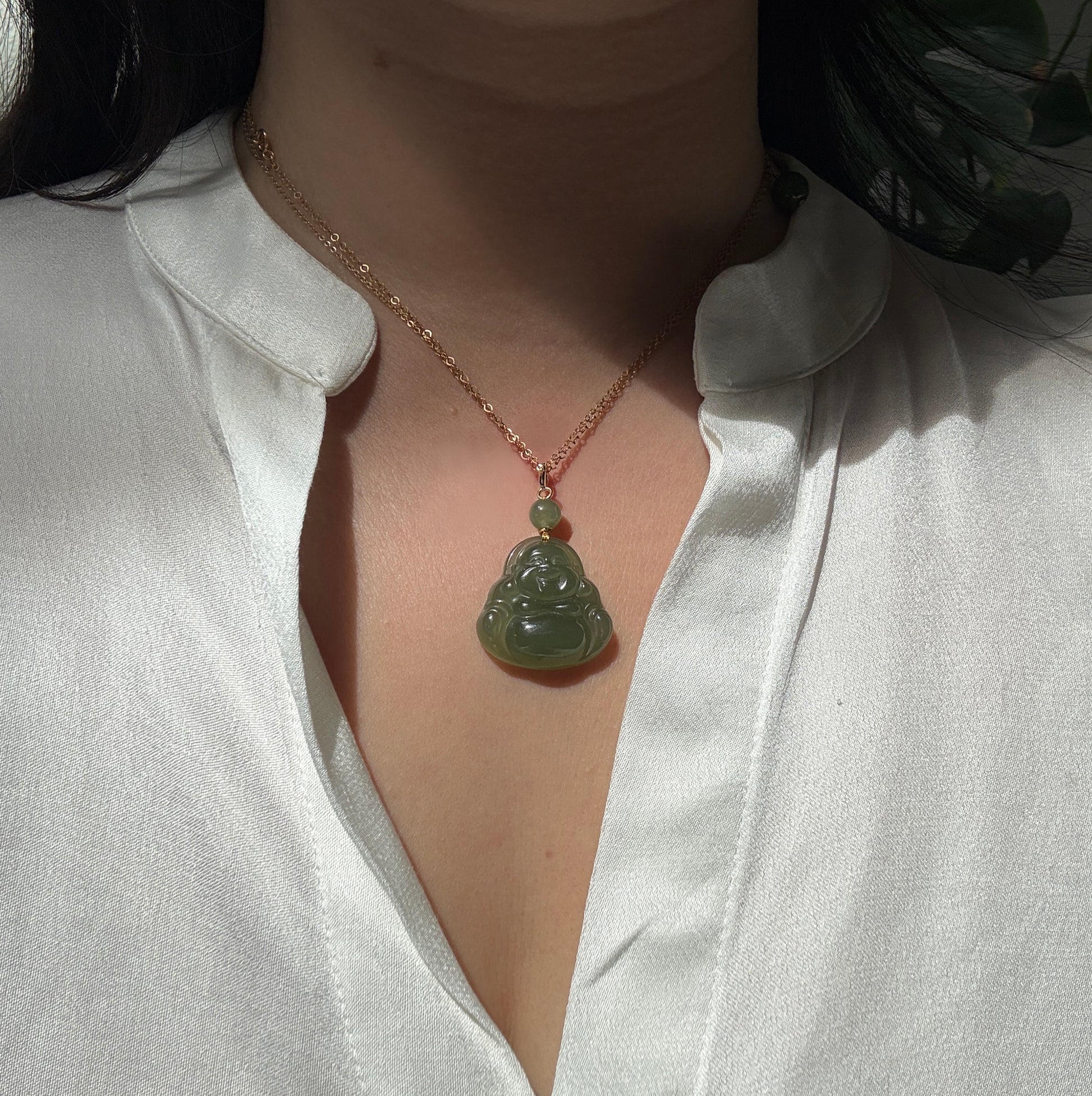 LargeNaturalHetianJadeBuddhaPendantwith14KGoldFilledClasp