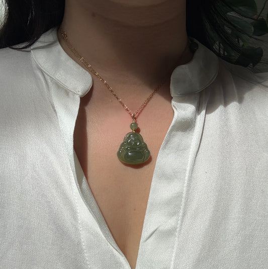 LargeNaturalHetianJadeBuddhaPendantwith14KGoldFilledClasp