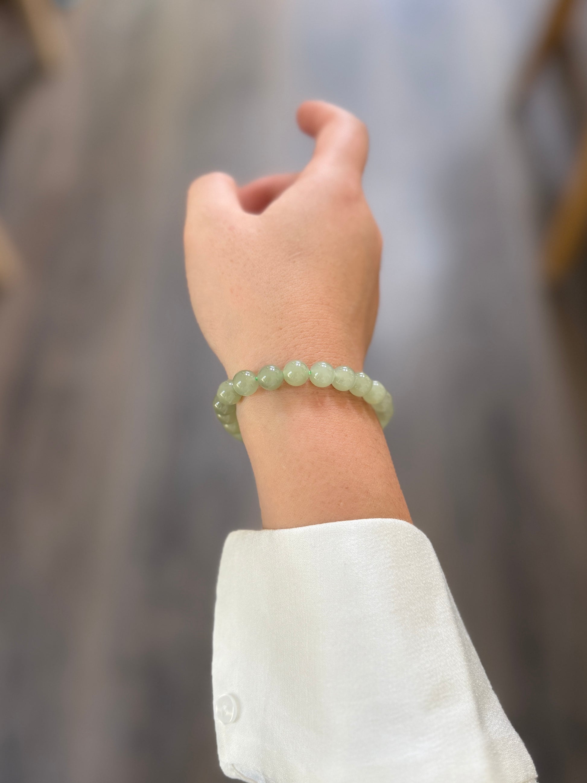 Light Green Natural Hetian Jade Beaded Bracelet, Authentic Nephrite Jade